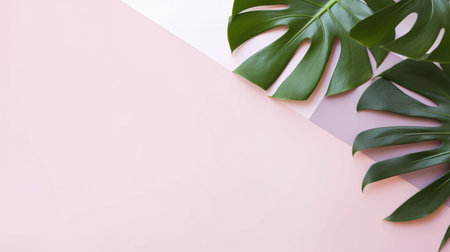 Tropical palm leaves on pastel pink background. Flat lay, top view, copy space. AI Generatedの素材