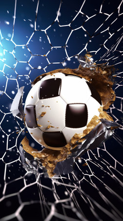 Soccer ball breaking through a broken glass on a dark blue background. AI Generatedの素材