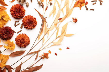 Autumn composition with dried flowers and leaves on white background, top view. AI Generatedの素材