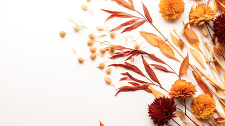 Autumn flowers and leaves on white background. Space for text. AI Generatedの素材