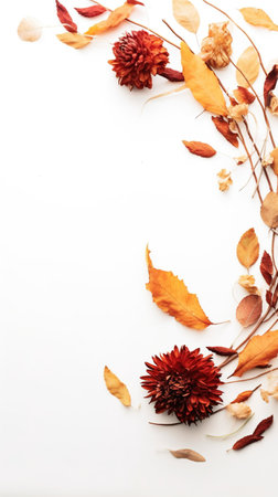 Dahlia flower and autumn leaves on white background. Flat lay, top view. AI Generatedの素材