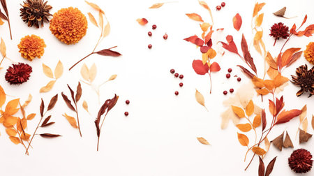 Autumn composition. Dry flowers, leaves on white background. Flat lay, top view, copy space. AI Generatedの素材
