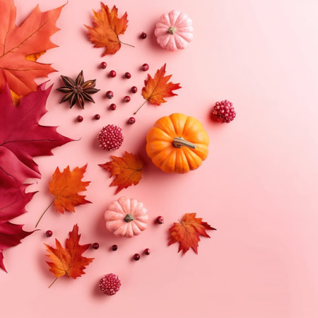 Autumn composition. Pumpkins, leaves, berries on pink background. Flat lay, top view, copy space. AI Generatedの素材