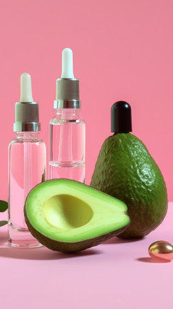 Avocado oil in glass bottles and avocados on pink background. AI Generatedの素材