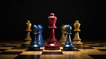 Chess pieces on a chessboard, conceptual image of business ideas and competition. AI Generatedの素材