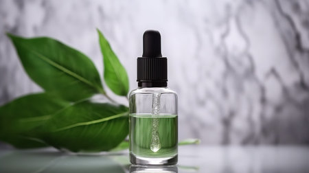 Glass dropper bottle with serum or essential oil and green leaves on table. AI Generatedの素材