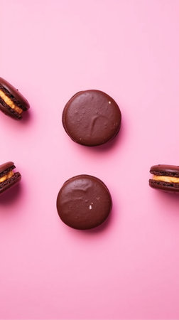 Chocolate macaroons on pink background. Top view, copy space. AI Generatedの素材