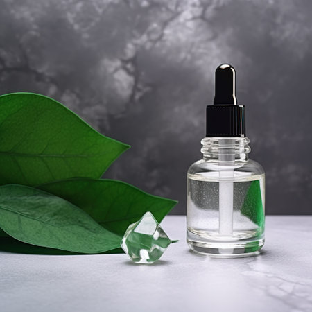 Glass dropper bottle with serum or oil and green leaves on gray background. AI Generatedの素材