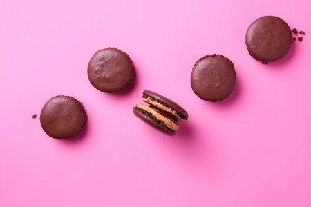 Chocolate macaroons on pink background, top view, copy space. AI Generatedの素材