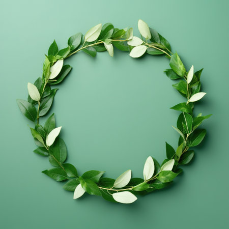 Wreath of green leaves on green background. Flat lay, top view. AI Generatedの素材