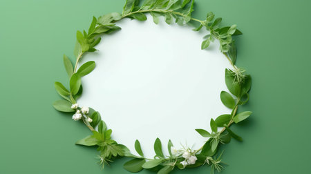 Frame from green leaves and flowers on a green background, top view. AI Generatedの素材