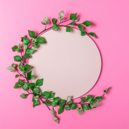 Round frame with green leaves and branches on pink background. Flat lay, top view. AI Generatedの素材