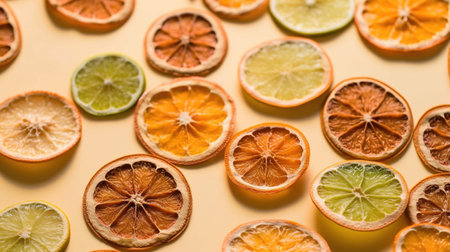 Slices of citrus fruit on yellow background, top view. AI Generatedの素材