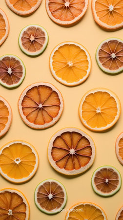 Slices of different citrus fruit on color background, top view. AI Generatedの素材