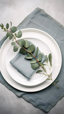 Elegant table setting with eucalyptus branches and blue napkin. AI Generatedの素材
