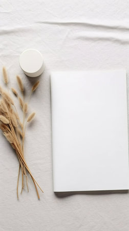 Design concept - top view of blank white notebook, cream jar, dried flowers on white background for mockup. AI Generatedの素材