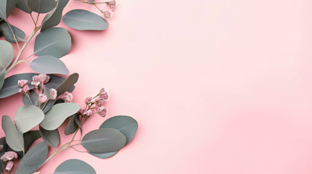 Eucalyptus branches with pink flowers on pastel pink background. AI Generatedの素材