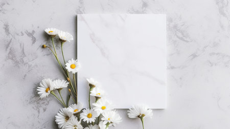 White daisies on a marble background with a white sheet of paper. AI Generatedの素材