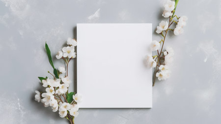 Creative layout made of white spring flowers on gray background. Flat lay, top view, copy space. AI Generatedの素材