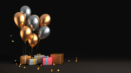 Gift boxes with balloons and confetti on black background. Ai Generatedの素材