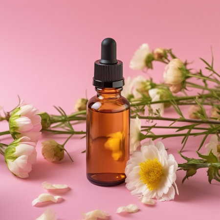 Essential oil in a glass bottle on a pink background with flowers. AI Generatedの素材