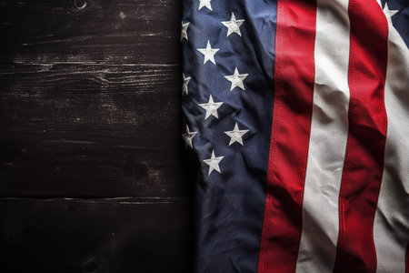 American flag on black wooden background, top view, copy space. AI Generatedの素材