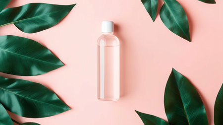 Cosmetic bottle on a pink background with tropical leaves. Flat lay, top view. AI Generatedの素材