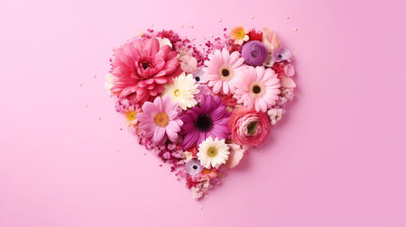 Flowers in the shape of a heart on a pink background. AI Generatedの素材