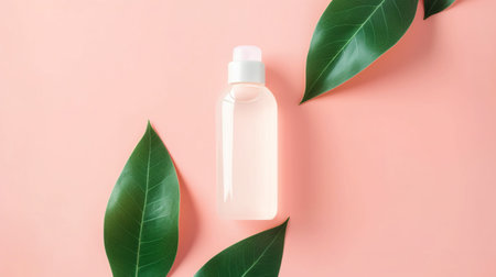 Cosmetic bottle with green leaves on pink background. Flat lay, top view. AI Generatedの素材