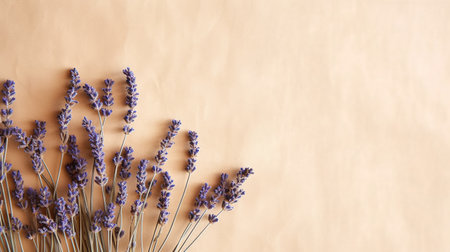 Bouquet of lavender flowers on a beige background with copy space. AI Generatedの素材