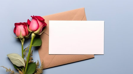 Envelope with blank card and red rose on a blue background. AI Generatedの素材