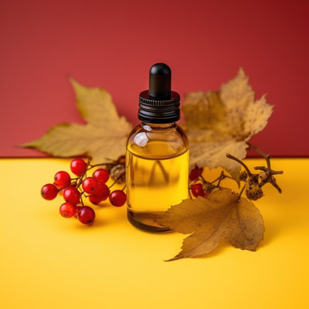 Bottle of viburnum essential oil with autumn leaves on yellow and red background. AI Generatedの素材