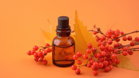 Bottle of essential oil with autumn leaves and rowan berries on orange background. AI Generatedの素材