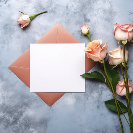 Greeting card mockup with envelope and flowersle background. AI Generatedの素材