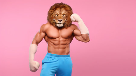 Muscular lion in sportswear on pink background, closeup. AI Generatedの素材