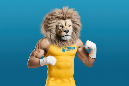 Lion male boxer in a yellow leotard on a blue background. AI Generatedの素材