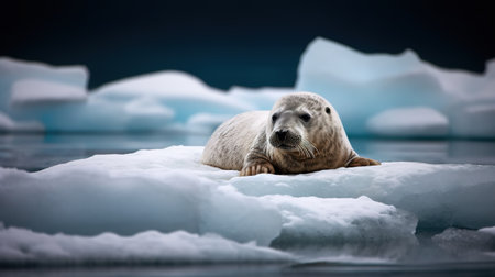 Grey seal resting on the ice floe in arctic landscape. AI Generatedの素材