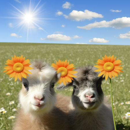 Lama and goat with daisies on a green meadow. AI Generatedの素材