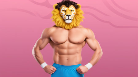 Portrait of a male lion in a mask on a pink background. AI Generatedの素材