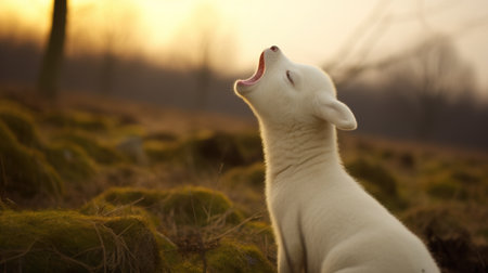 White swedish alpaca dog yawning in the sunset light. AI Generatedの素材