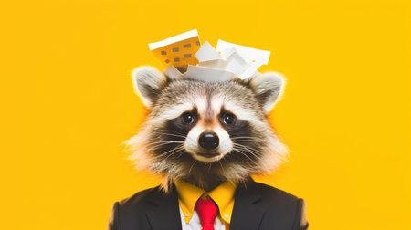 Funny raccoon in a suit and tie with paper cup on a yellow background. AI Generatedの素材