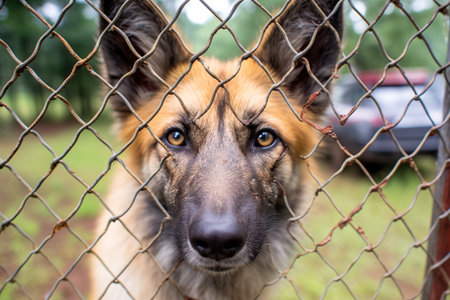 German shepherd behind the fence. Selective focus on the eyes. AI generativeの素材