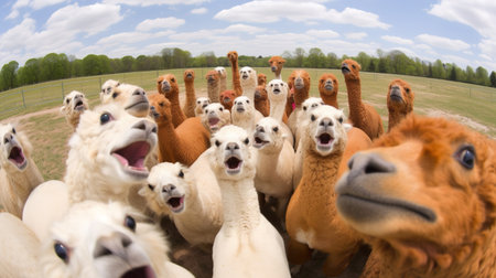 Group of alpacas in the countryside, Alpaca farm. AI generativeの素材