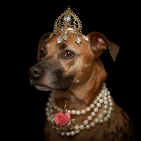 Portrait of a dog in a crown on a black background.の素材