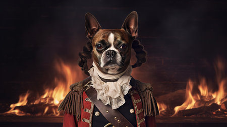 Portrait of a French bulldog dressed as a medieval warrior.の素材