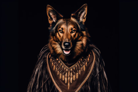 Portrait of a beautiful german shepherd dog in a medieval costume on a black background.の素材