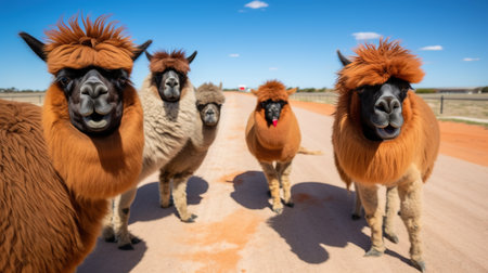 Group of alpacas in the countryside, Alpaca farm. AI generativeの素材
