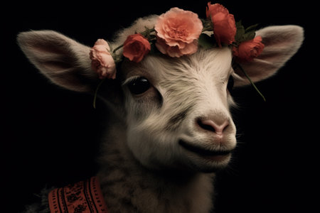 Portrait of a lamb with a wreath of flowers on a black background. AI generativeの素材