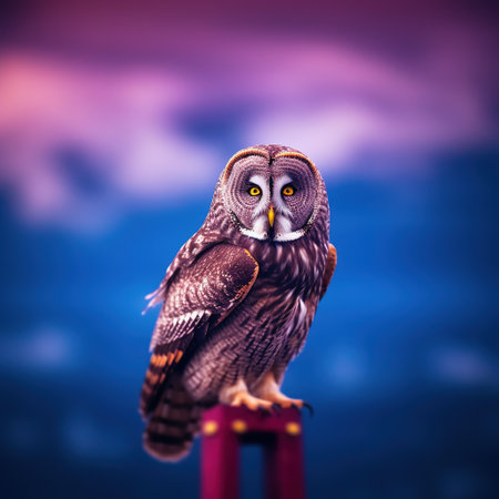 Tawny owl sitting on a bar stool with purple background.の素材
