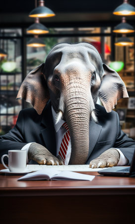 Businessman in the office with elephant head Conceptual image AI generativeの素材